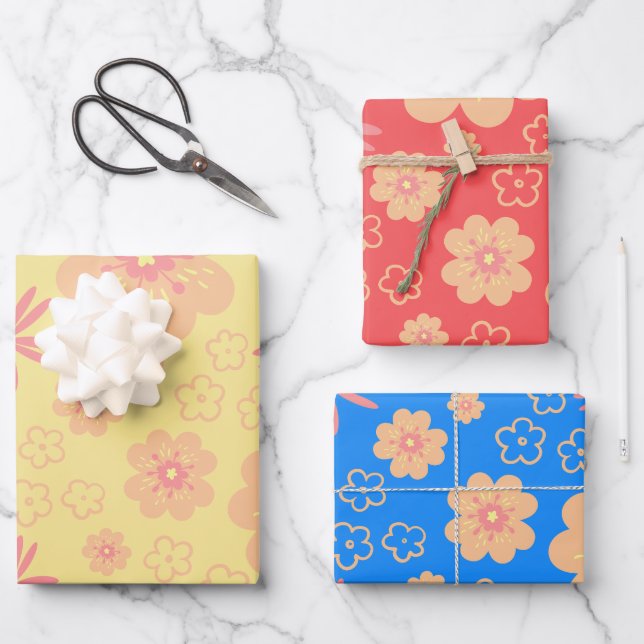 3 Pack Colourful Retro Floral Pattern Wrapping Paper Sheet (Front)