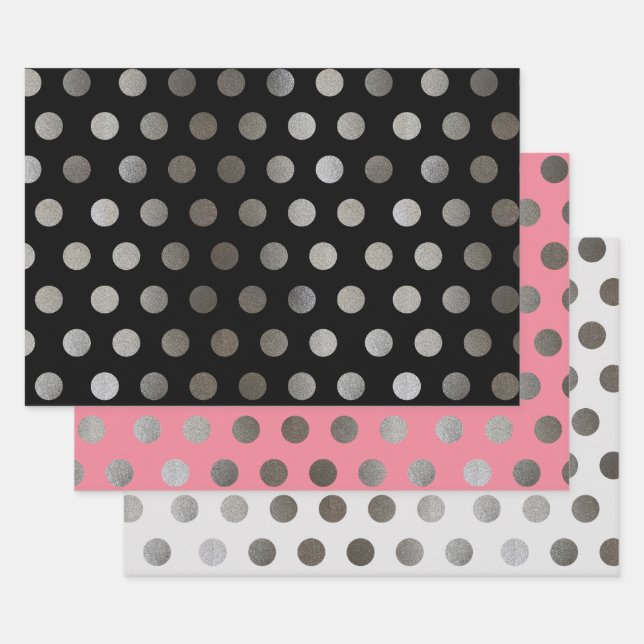 3 Pack: Silver Glitter Dots Black, Pink, & Gray Wrapping Paper Sheet (Set)