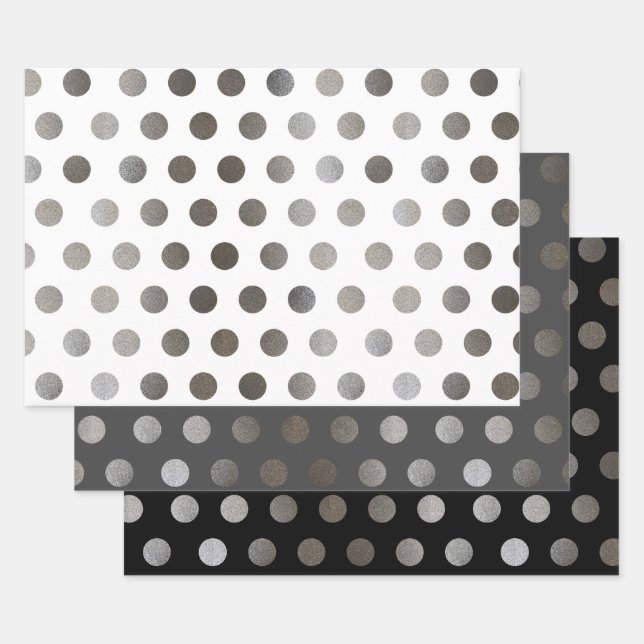 3 Pack: Silver Glitter Dots Black, White, & Gray Wrapping Paper Sheet (Set)
