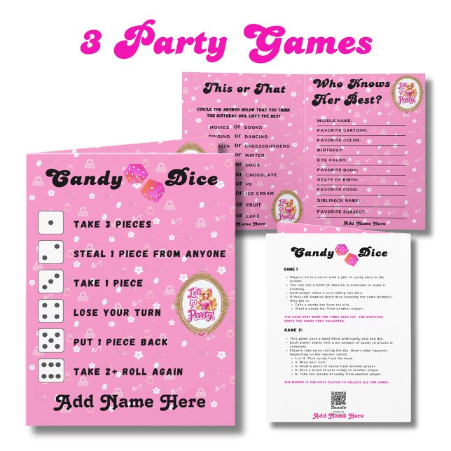 3 Party Games for Retro Doll Pink Birthday Girl's  Card (Creator Uploaded)