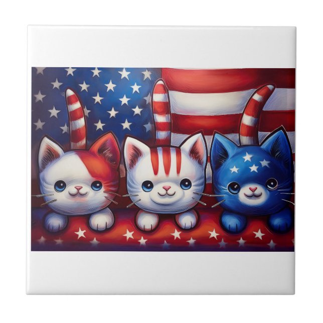 3 Patriotic Kittens In A Scene With American Flag  Tile (Front)
