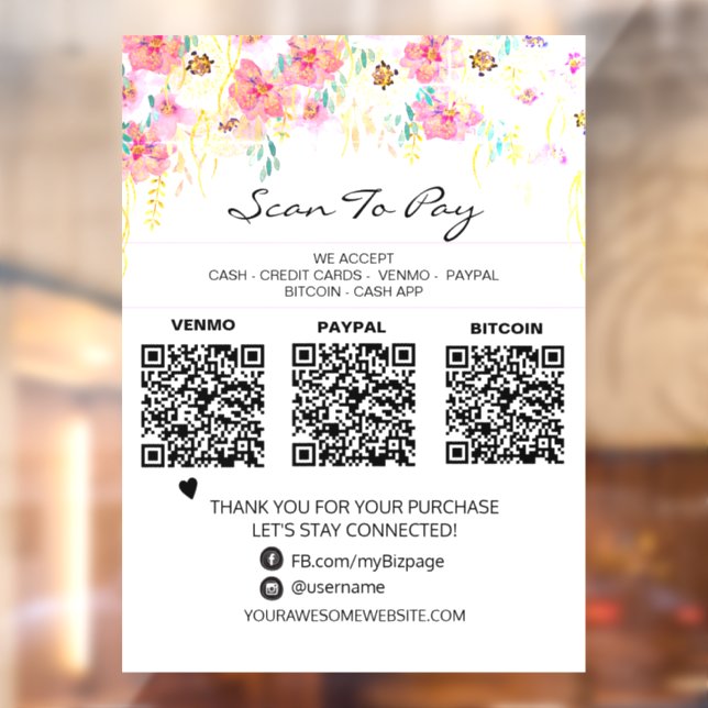 *~* 3 PAYMENTS Scan to Pay QR Floral  Window Cling (Sheet 2)
