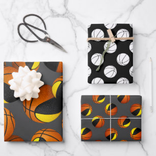 3 pc coordinating black gold basketballs wrapping paper sheet