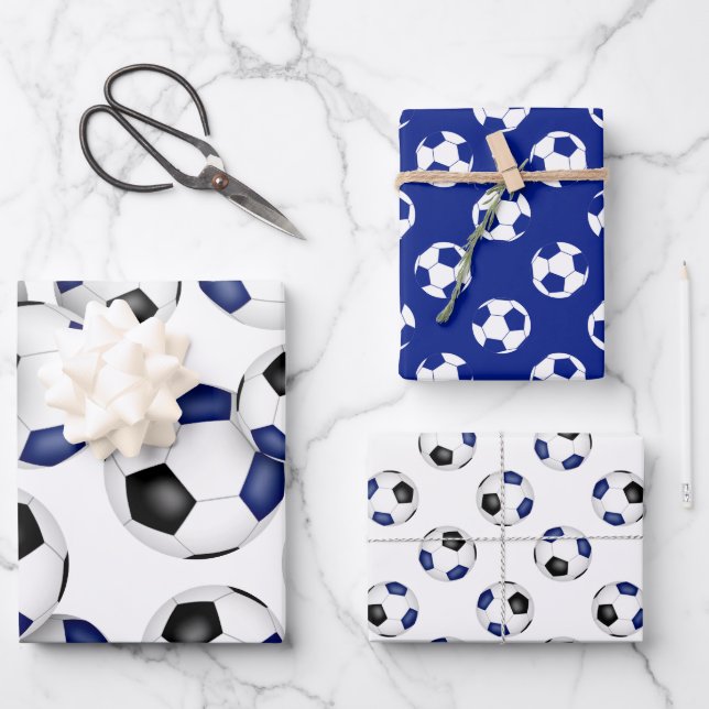 3 pc coordinating blue team colours soccer balls wrapping paper sheet (Front)