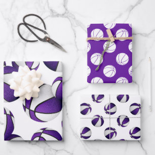 3 pc coordinating purple team colours basketballs wrapping paper sheet