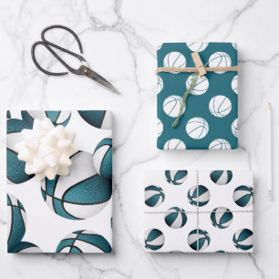 3 pc coordinating teal team colours basketballs wrapping paper sheet