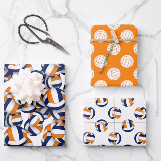 3 pc volleyball patterns coordinating blue orange  wrapping paper sheet (Front)