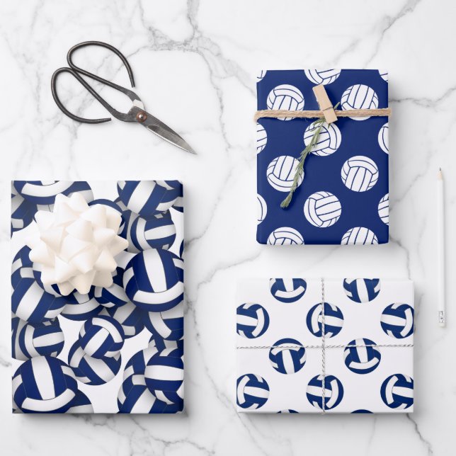 3 pc volleyball patterns coordinating blue white  wrapping paper sheet (Front)