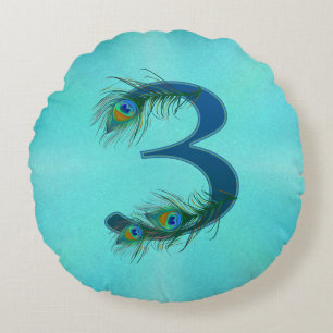 3 Peacock Feather Anniversary Elegant Round Cushion