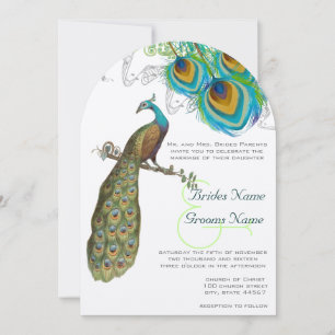 3 Peacock Feathers Art Deco Wedidng Invite