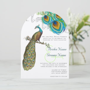 3 Peacock Feathers Art Deco Wedidng Invite