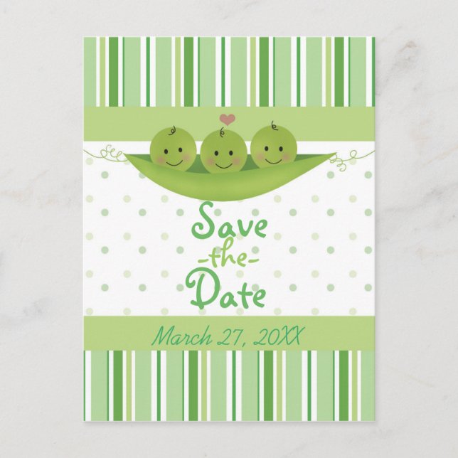 3 Peas in a Pod Baby Shower Triplets Save the Date Announcement Postcard (Front)