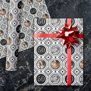 3 Photo 50th Birthday Black White Art Deco Wrapping Paper