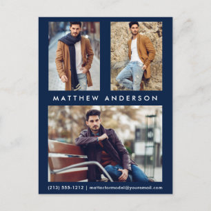 3 Photo Actor Model Comp Card Postcard Blue