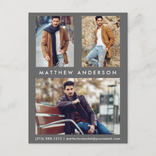 3 Photo Actor Model Comp Card Postcard Grey