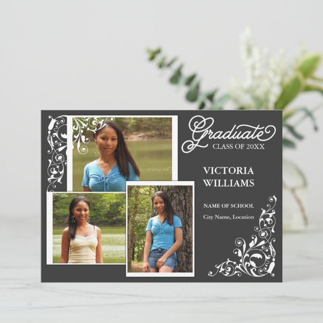 3 Photo and Swirls Graduation Announcement (Standing Front)