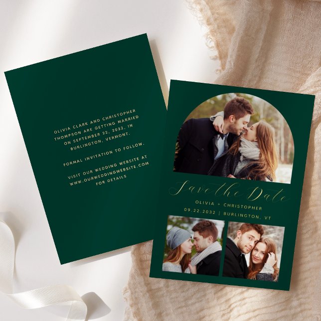 3-Photo Arch Emerald Green Gold Save the Date (Creator Uploaded)