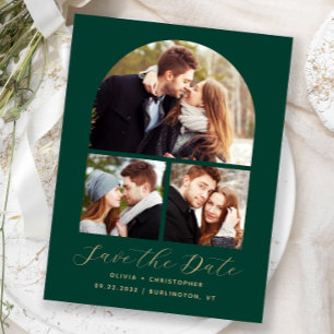 3-Photo Arch Emerald Green Gold Save the Date Postcard