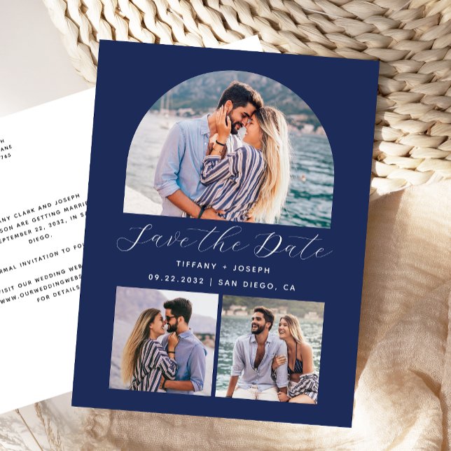 3 Photo Arch Navy Blue Save the Date Postcard (Creator Uploaded)
