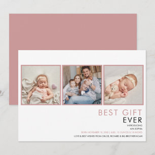 3 Photo Baby Girl Dusty Rose Pink Birth  Announcement