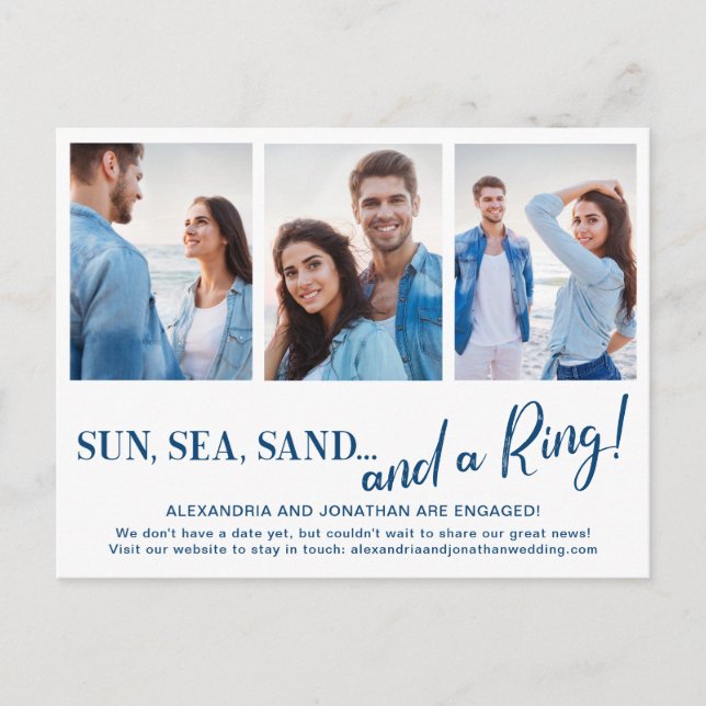 3 Photo Beach Engagement Announcement Postcard (Front)