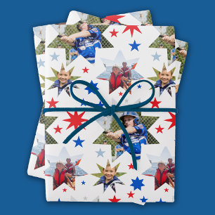 3 Photo Birthday Star Pattern Wrapping Paper Sheet