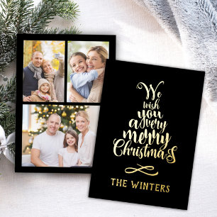 3 Photo Black and Gold Christmas Tree Lettering Foil Holiday Card
