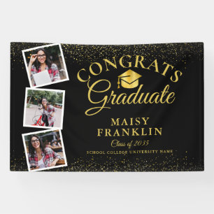 3 Photo Black And Gold Glitter Graduation Party Banner