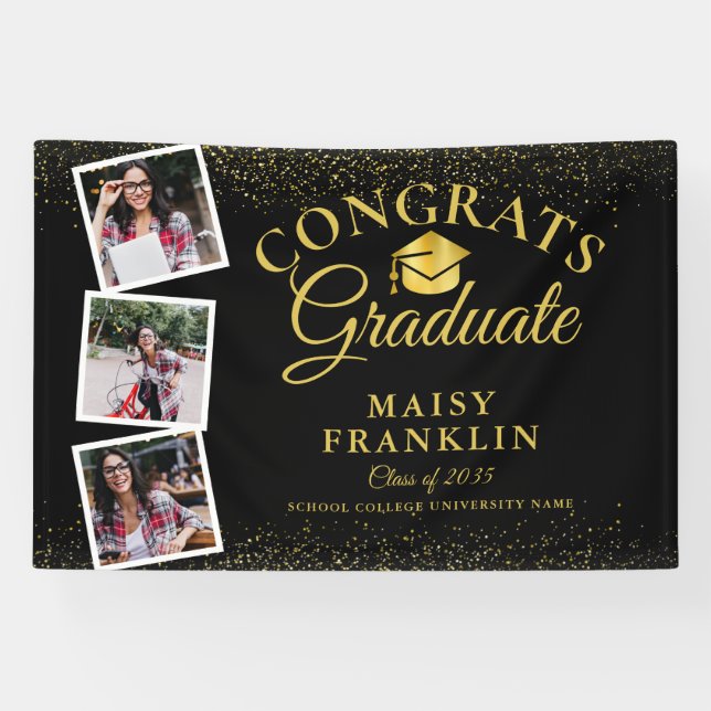 3 Photo Black And Gold Glitter Graduation Party Banner (Horizontal)