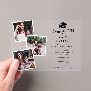 3 Photo Black And Gold Graduation Party Invitation