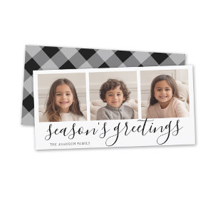 3 Photo - Black Calligraphy Plaid Seasons Greeting Holiday Card