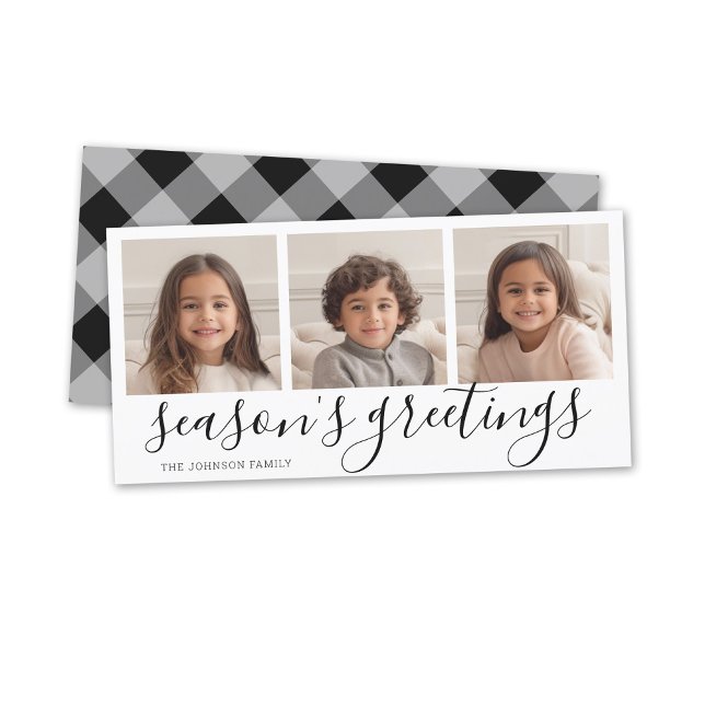 3 Photo - Black Calligraphy Plaid Seasons Greeting Holiday Card (3 Photo online Christmas card, minimal design, modern script, buffalo plaid)