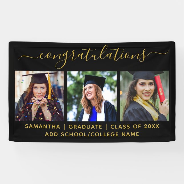 3 Photo Black Gold Congratulations Graduate 2022 Banner (Horizontal)