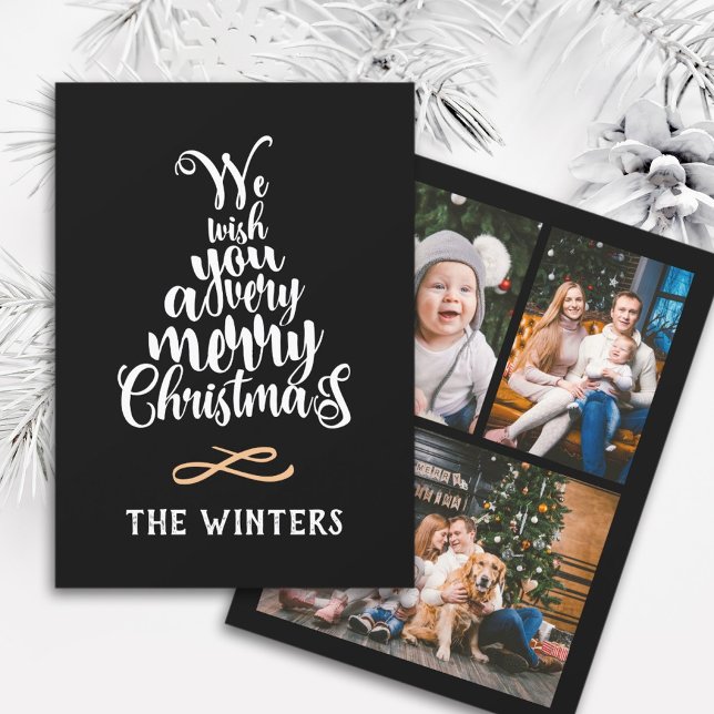 3 Photo Black & White Christmas Tree Lettering  Holiday Card (Creator Uploaded)