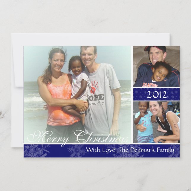 3 Photo Blue Snowflakes Christmas Card (Front)