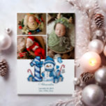 3 Photo Blue Snowman First Christmas Holiday Card<br><div class="desc">Celebrate your little one’s first holiday season with this cheerful winter design featuring a blue plaid number,  adorable snowman,  and scattered candy canes and gifts. Customise it with your baby's photo and birth details to create a keepsake that brings charm and magic to your holiday memories.</div>