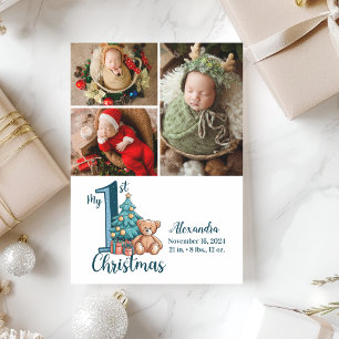3 Photo Blue Teddy Baby 1st Christmas Holiday Card
