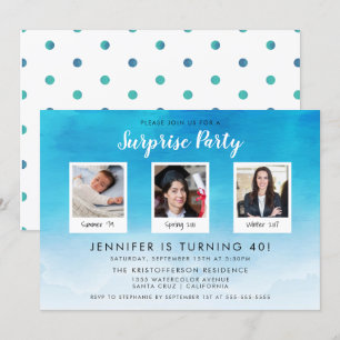 3 Photo Blue Watercolor Stylish Surprise Party Invitation