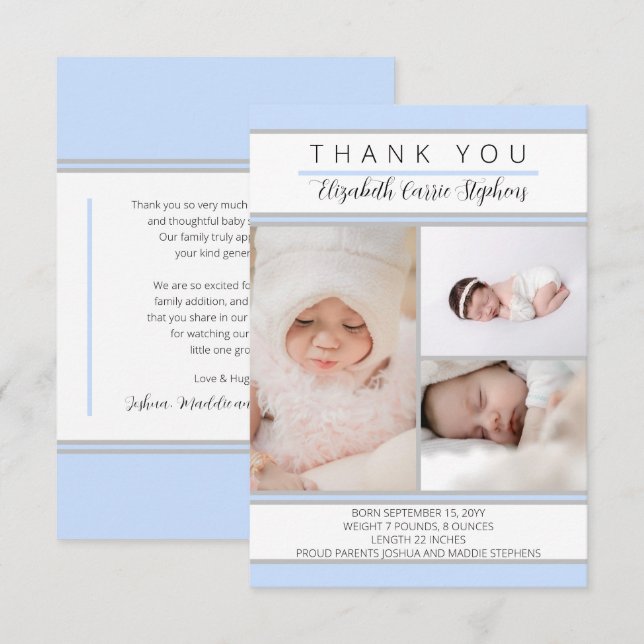 3 Photo Blue White Baby Shower |Birth Announcemen Thank You Card (Front/Back)
