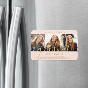 3 Photo Blush Pink & Gold Graduation Announcement Magnet