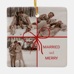 3 Photo Bow Wrap Christmas Newlyweds Modern Ceramic Ornament