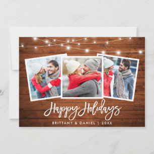 3 Photo Brush Script Rustic Wood Lights Holiday Card