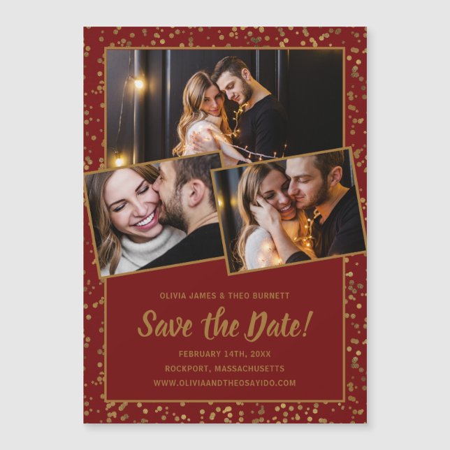 3 Photo Burgundy Red Gold Save The Date Magnetic Invitation (Front)