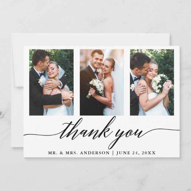 3 Photo Calligraphy Wedding Thank You Card (Front)