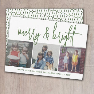 3 Photo Christmas Collage - Merry & Bright - green Holiday Card