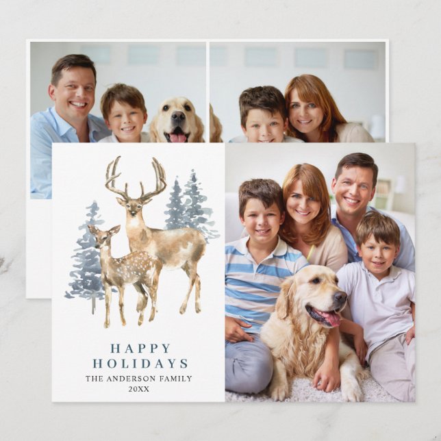 3 PHOTO Christmas Elegant Deer Pine Tree Holiday Card (Front/Back)