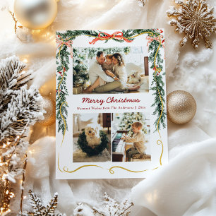 3 Photo Christmas Greenery Garlands and Bow Holiday Card