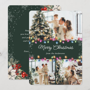 3 Photo Christmas Lights Green Holiday Card