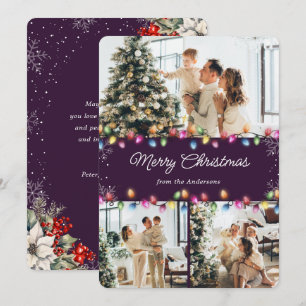 3 Photo Christmas Lights Purple Holiday Card