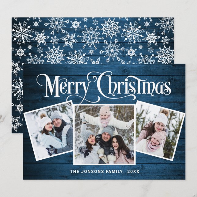 3 PHOTO Christmas Rustic Blue Wood Greeting Holiday Card (Front/Back)